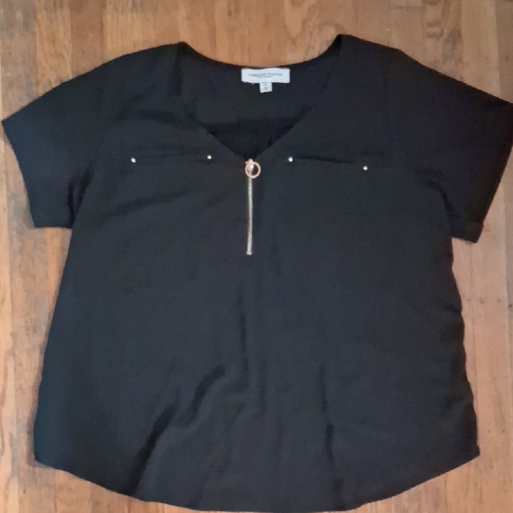 Tempted Hearts Black Boxy Short Sleeve Blouse with Zipper